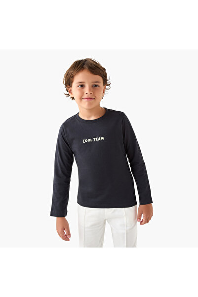 Juniors تي شيرت برقبة دائرية للأولاد بطباعة حروفية - قطن - أكمام طويلة