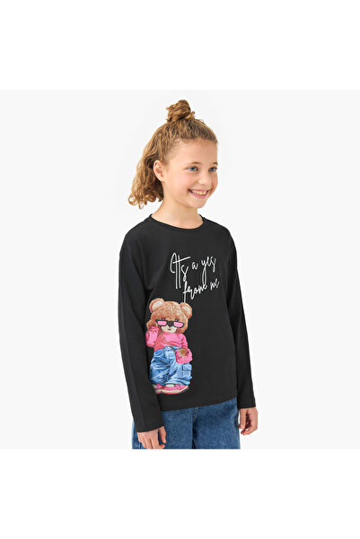 Juniors Girls Round Neck T-shirt with Bear Print - Cotton - Long Sleeves