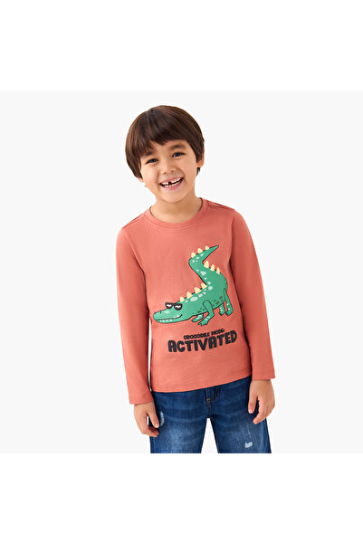 Juniors Boys Crew Neck T-shirt with Crocodile Print - Cotton - Long Sleeves