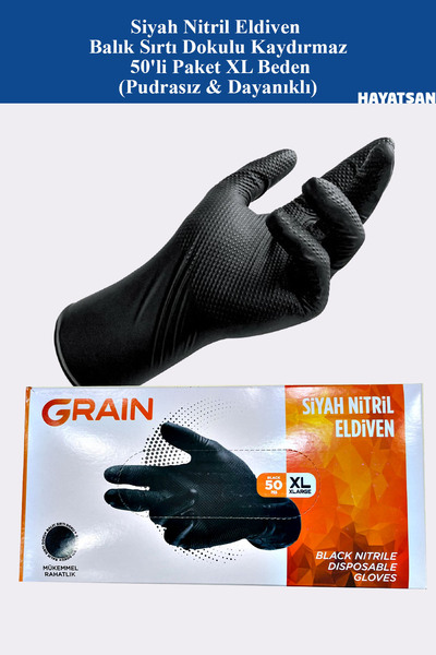 HAYATSAN Siyah Nitril Eldiven Balık Sırtı Dokulu Kaydırmaz 50'li Paket XL Bed...