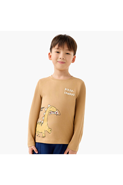 Juniors Crew Neck Long Sleeve T-shirt with Dinosaur Print