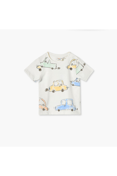 Juniors تي شيرت مطبوع عليه صورة سيارة مع أزرار للإغلاق وأكمام قصيرة