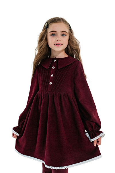 SUZIE LINEA – Rochie din catifea cu nervuri, cu guler marinaresc și detalii de dantelă, bordo, 116.