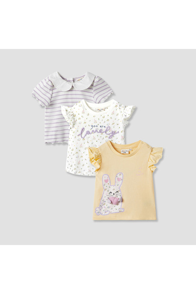 Juniors تي شيرت مطبوع برقبة دائرية للبنات - مجموعة من 3 قطع