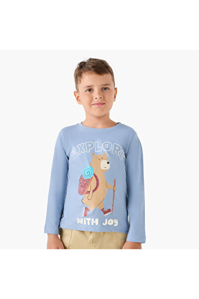 Juniors تي شيرت للأولاد برقبة دائرية وطبعة دب - قطن - أكمام طويلة