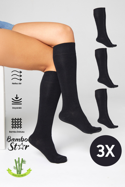 bamboo star Bamboo Women's Knee-High Black Long Soft Stitch-Free Socks 3-Piece / Pantyhose / Skin Not Showing Socks