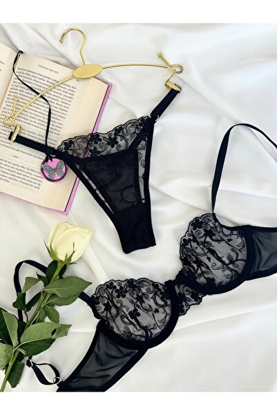 kiari Комплект бельо от сутиен и прашки без банели, черен, с бродерия и флора...