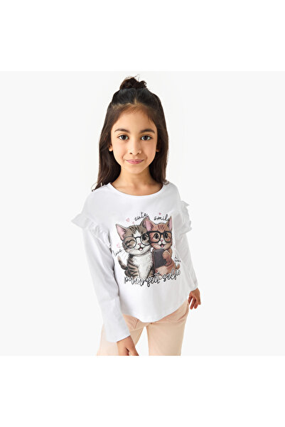Juniors تي شيرت بطبعة قطة بأكمام طويلة