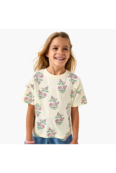 Juniors تي شيرت بطبعة زهور وأكمام قصيرة