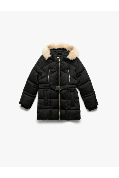 Koton Палто с дълги ръкави, кожа от изкуствена кожа, колан и качулка