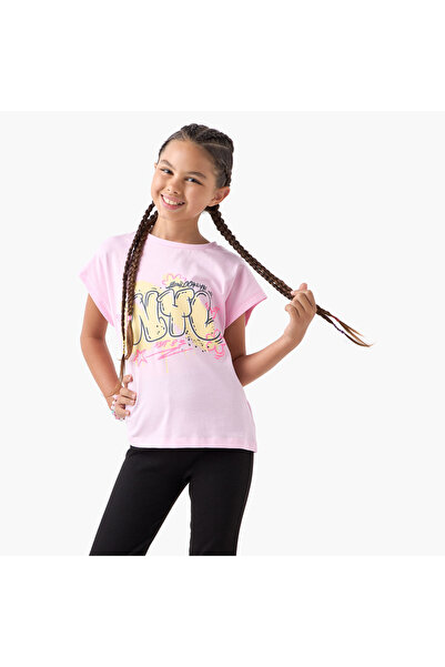 Juniors Graphic Print T-shirt with Extended Sleeves