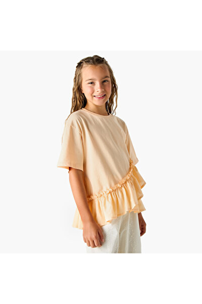 Juniors Solid Crew Neck Top with Ruffle Detail