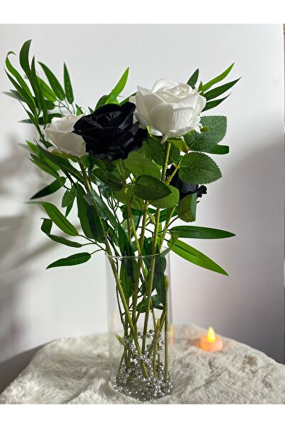 Glowdesigning Silindir Vazo İçerisinde Siyah Beyaz Gül Yapay Çiçek Ev Dekoras...