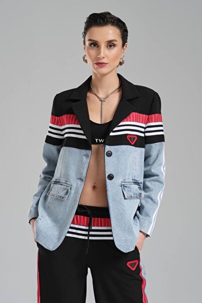 tw3 Women's Stripe Detailed and Denim Garnished Design Blazer Jacket