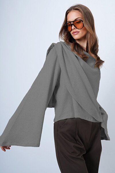 Trend Alaçatı Stili Bluză cu mâneci largi cu detaliu de eșarfă gri pentru femei ALC-X14420