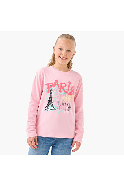 Juniors تي شيرت بناتي برقبة دائرية وطباعة جرافيكية - قطن - أكمام طويلة