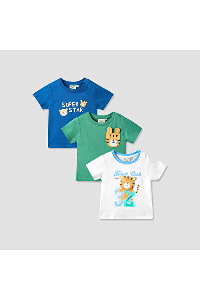 Juniors تيشيرت بأكمام قصيرة مزين بتطريز نمر - طقم من 3 قطع