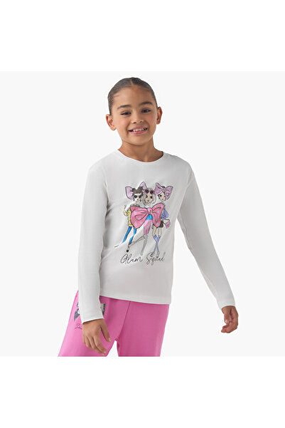 Juniors Girls Crew Neck T-shirt with Graphic Print - Cotton - Long Sleeves