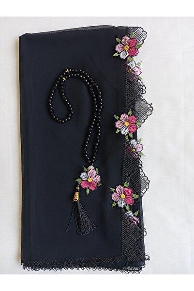NUMİSTORE İğne oyası siyah renk Tesbihli Namaz Örtüsü