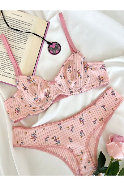 kiari Salmon Color Cotton Floral Pattern Daily Comfortable Underwire Cupless Bra Brazilian Panties Underwear Set