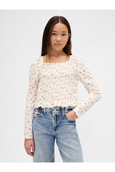 GAP Kız Çocuk Krem Smocked Kare Yaka Bluz