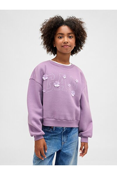 GAP Kız Çocuk Mor Oversized Wedge Bisiklet Yaka Sweatshirt