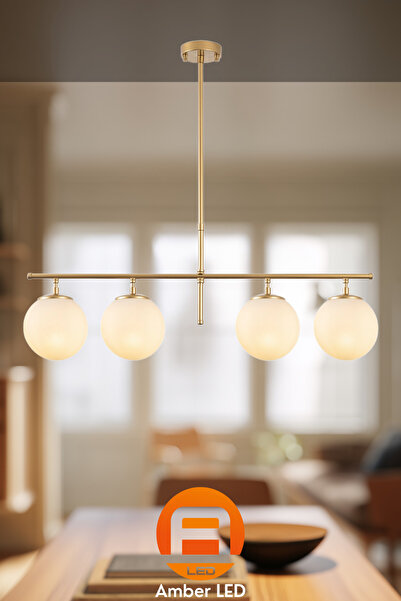 AmberLED Parlak Gold Camlı 4'lü Avize Modern Tasarım Oturma Odası E14 Uyumlu