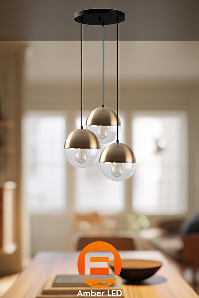 AmberLED Şık Camlı 3'lü Tepsi Sarkıt Eskitme, E27 Uyumlu Salon Aydınlatma