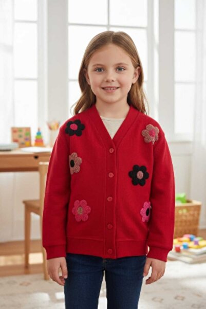 Ercahome tekstil سترة بناتية مزينة بالزهور باللون الأحمر