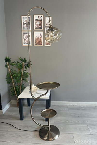 Bamyum Şila Bal Rengi Cam Eskitme Sarmal Gövde Lambader Çift Tepsili Hareketl...