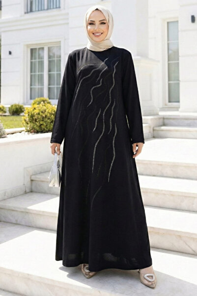 Women's Stone Embroidered Comfortable Fit Black Long Dress