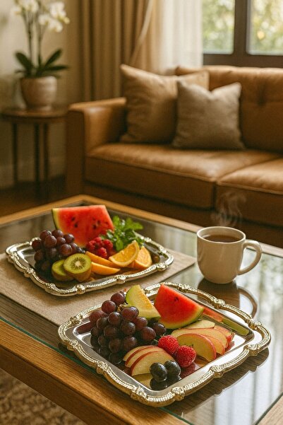 GLORİNDA HOME 24X24 2'Lİ AĞIR GÜMÜŞ İŞLEMELİ VE DESENLİ PASTA,KAHVALTILIK,TATLI VE KAHVE SÖZ NİŞAN SUNUMLUK TEPSİ