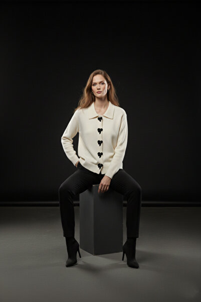 studio fashion 1988 Women's Ecru Ribbon Stone Detailed Snap Fastener Knit Cardigan