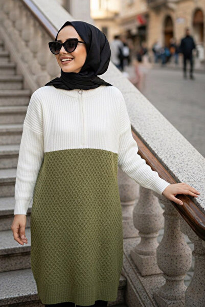 N.S NEVA STYLE Color Block Oil Green Hijab Knitwear Sweater Tunic 87501Yy