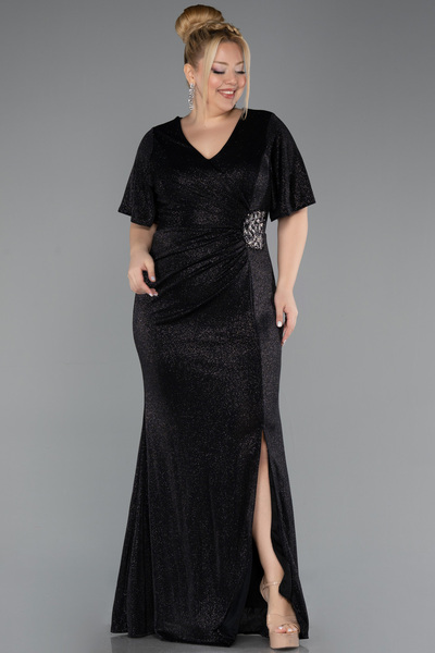 Abiyefon Siyah Kısa Kol V Yaka Simli Uzun Büyük Beden Abiye ABU5500