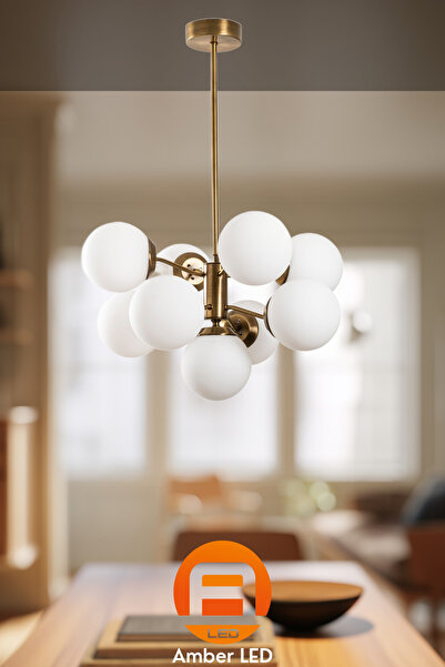 AmberLED Şık Cam Detaylı 9'Lu Avize Salon ve Yatak Odası İçin E27 Uyumlu