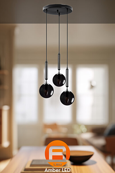 AmberLED Camlı 3'lü Tepsi Sarkıt Parlak Siyah Modern Avize