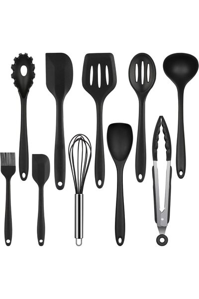 Jiffy طقم أدوات مطبخ من السيليكون مكون من 11 قطعة مع حامل - مقاوم للحرارة، أسود