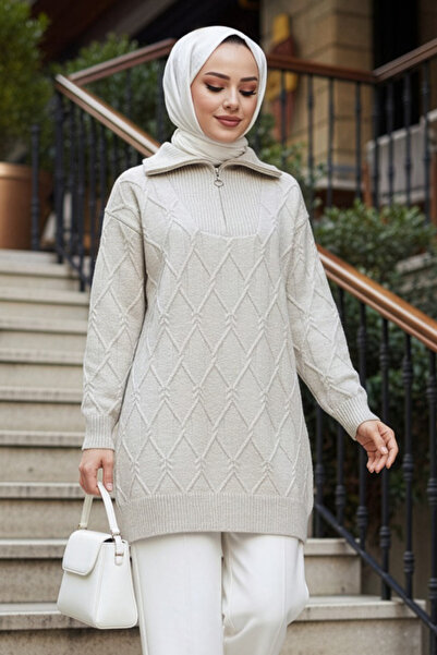 N.S NEVA STYLE Zipper Detailed Beige Hijab Knitwear Sweater 8596Bej