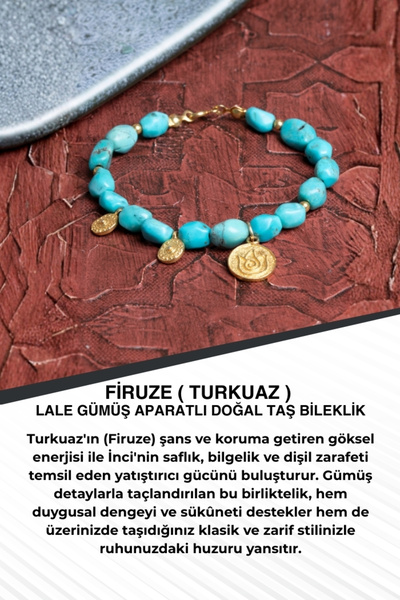 Saff Doğal Taş Turquoise (Turquoise) Tulip Natural Stone Bracelet with Silver...