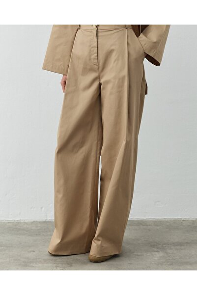 Aybikestil Paper Gabardin Tek Pileli Wide Leg Pantolon Camel