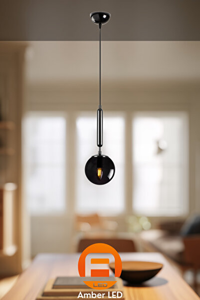 AmberLED Modern Camlı Tekli Sarkıt Avize Siyah Metal Gövde E14