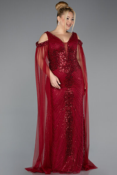 Abiyefon Bordo Pelerin Kol Taşlı Uzun Büyük Beden Abiye ABU5498