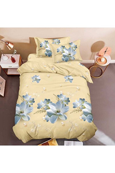 trendyhome Bed Linen 1 Person, 4 PIECES, Satin Cotton, 3D, Floral Pattern, Beige, BG-30