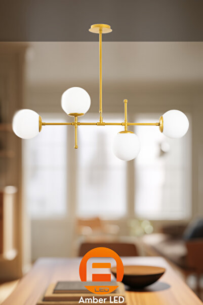 AmberLED Modern Mat Gold Camlı 4'lü Avize Salon ve Yatak Odası İçin E27 Uyumlu