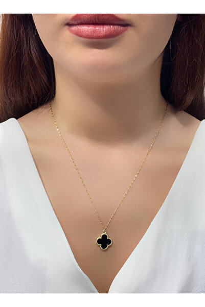 DİAMİNE PIRLANTA 14 Ayar altın Büyük Siyah Taşlı Yonca Kolye