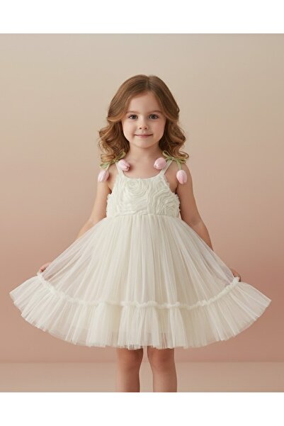 SweetMe Girl's Suspender Dress with Tulle, Shoulder-Tie Detail, and Self-Made 3D Flowers.
