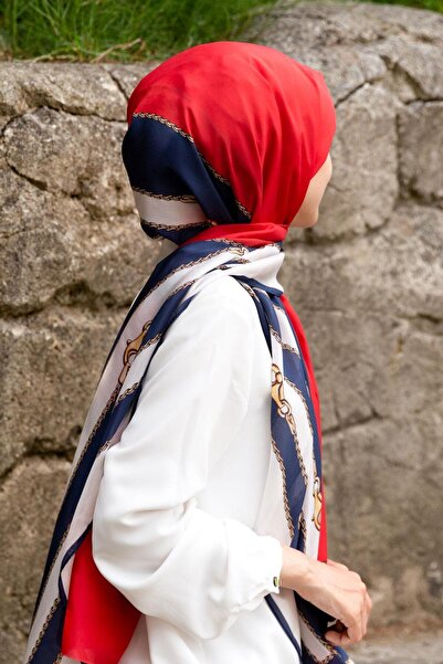 Vissona %100 İpek Geometrik Desenli Lacivert - Kırmızı Renkli 92x210 Şal