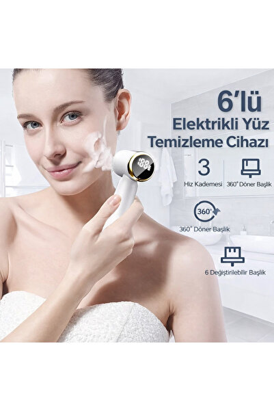 Merxas Elektrikli Yüz Temizleyici 6 Fırça Başlığı, 3 Hız Seviyesi, LCD Ekran, Su Geçirmez, Şarj Edilebilir