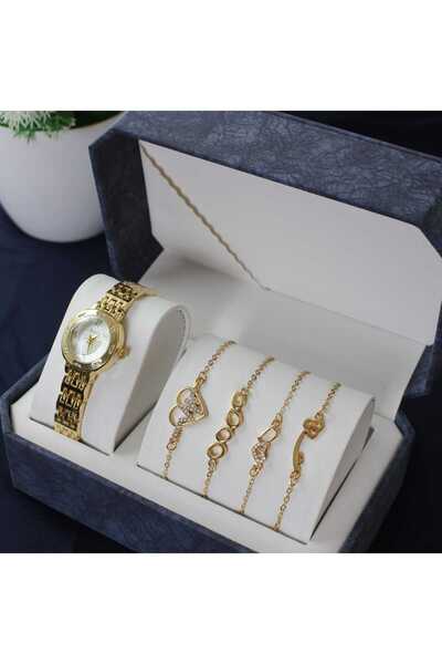 rovan 🎁 طقم ذهبي فاخر: ساعة يد أنيقة و4 أساور كريستال بتصاميم عصرية. هدية مث...